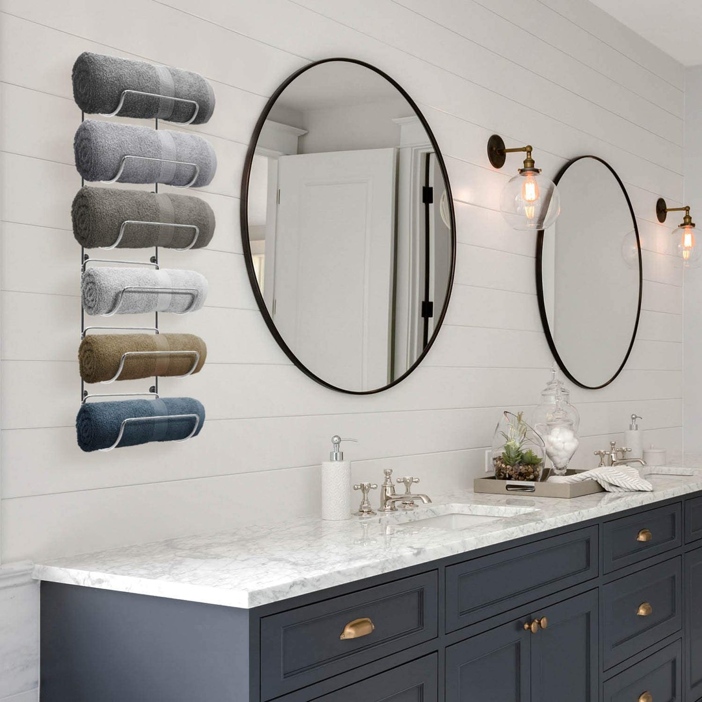Toallero de pared con 6 compartimentos de metal plateado para decoración de baño