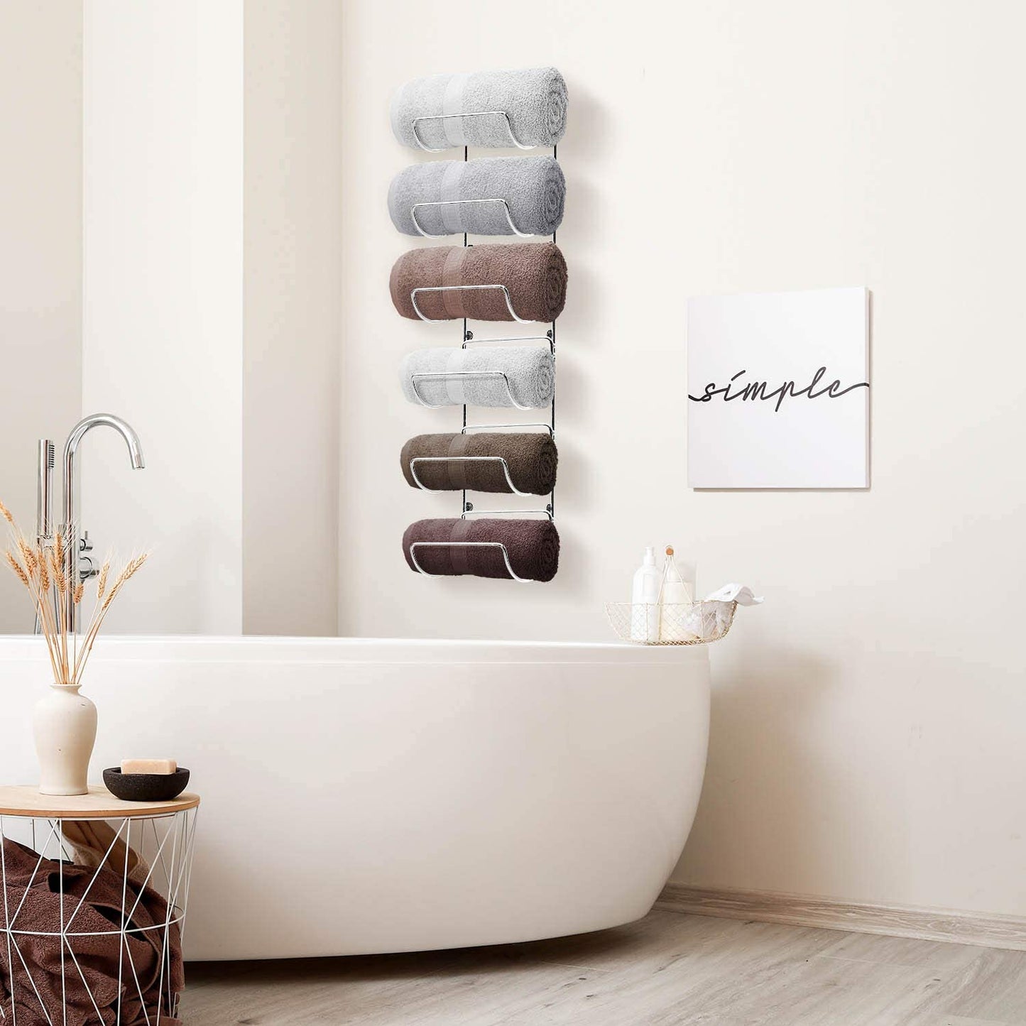 Toallero de pared con 6 compartimentos de metal plateado para decoración de baño