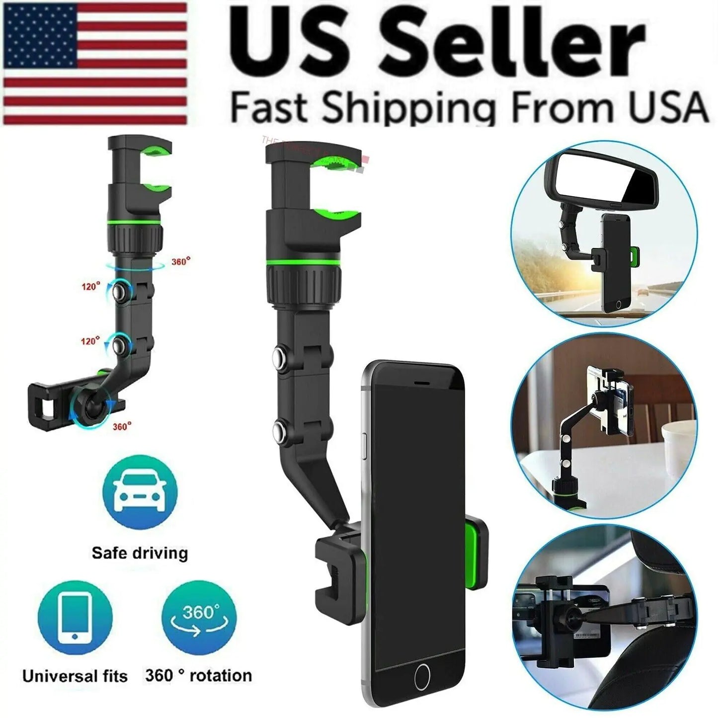 Soporte Multifuncional Ajustable para Teléfono con Rotación de 360° en Espejo Retrovisor de Automóvil
